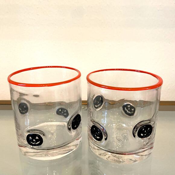 Set of 4 PUMPKIN Double Old Fashioned Glasses 4" Orange Black Halloween Barware - Picture 12 of 12